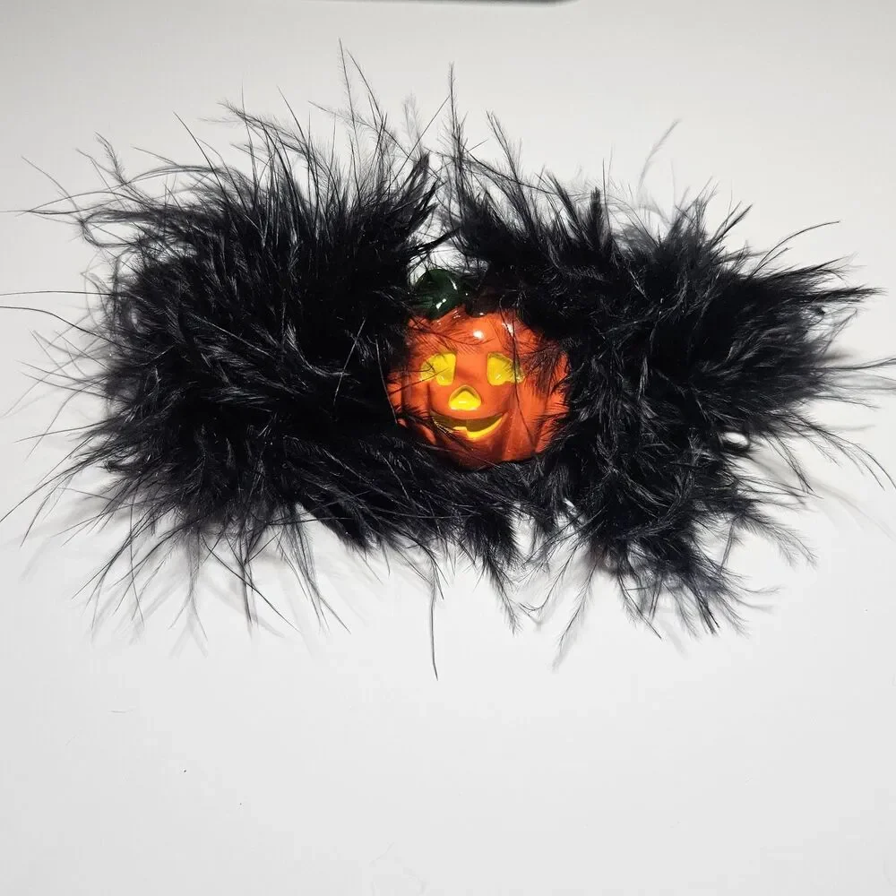 Black Feathery Orange Halloween Pumpkin Barrette Silver Tone
